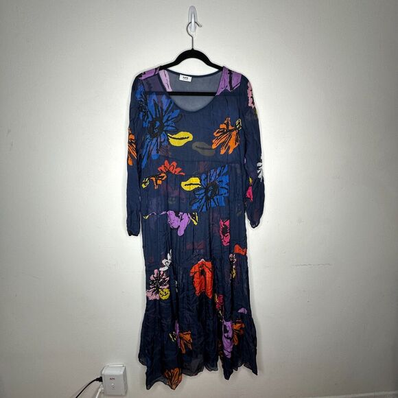 Kate by Laltramoda Sheer Navy Multi Floral Boho Midi Dress 3/4 Sleeve Large - Picture 1 of 13
